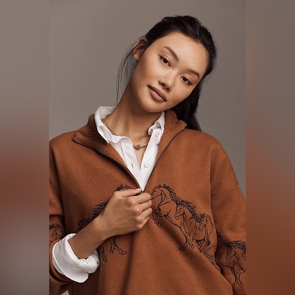 Anthropologie Maeve Montana Mock Neck Half Zip Horse Sweater Size XL NWT - Picture 4 of 6